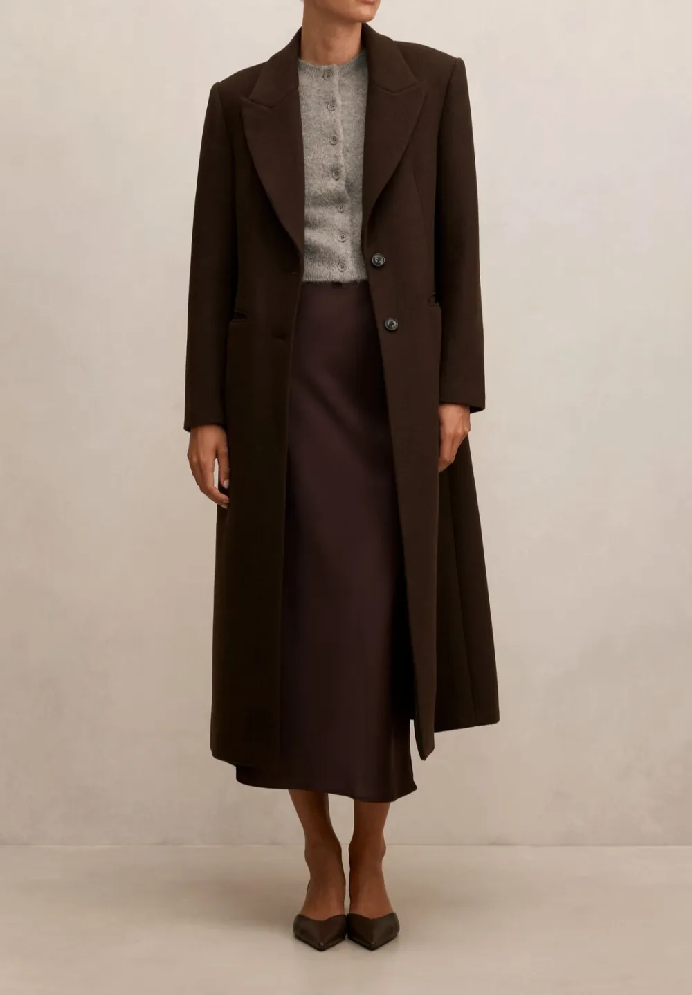 Deep Brown Single-Breasted Floor-Length Tailored Coat