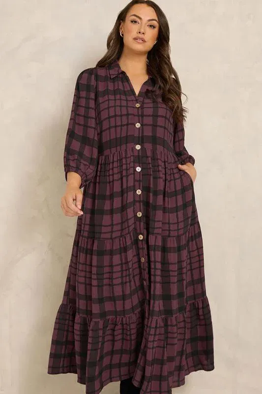 Burgundy Red Checked Tiered Maxi Dress