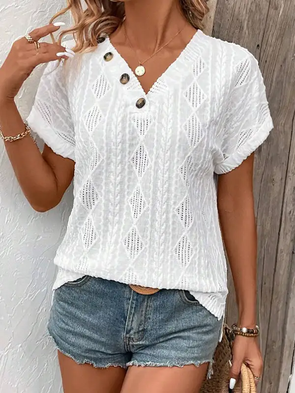 Relaxed Short Sleeve Button Detail V-Neck T-Shirt