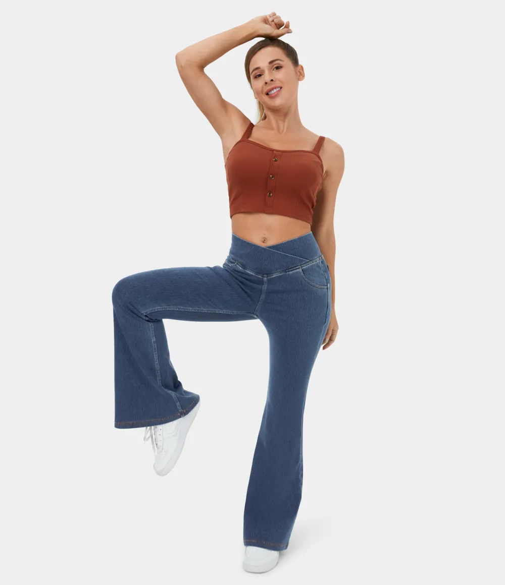 Magic High Waisted Crossover Pocket Washed Stretchy Knit Casual Super Flare Jeans