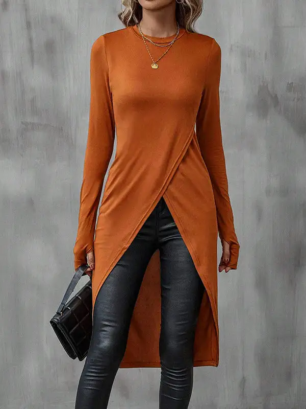 High Low Long Sleeve Panel Detail Round Neck T-Shirt