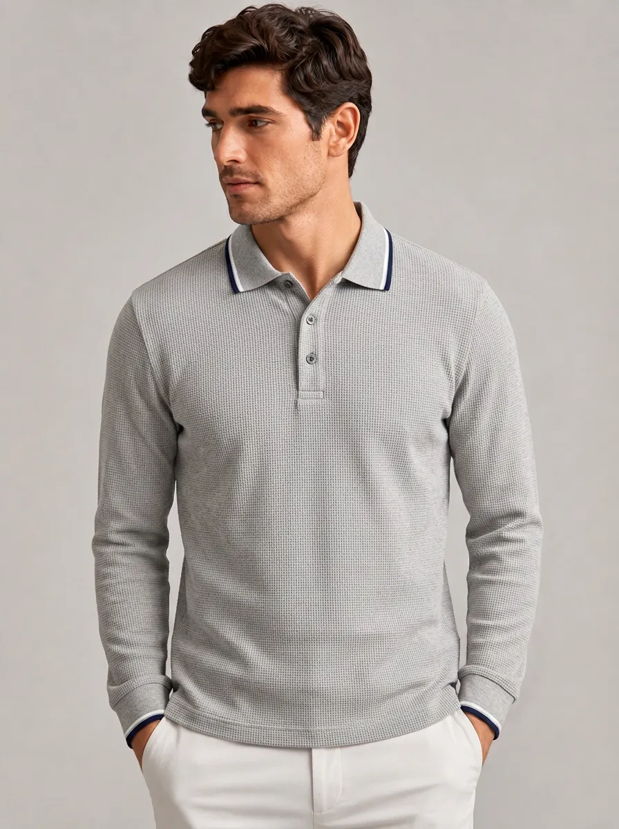 Men's Equestrian Lover Waffle Knit Printed Long Sleeve Polo Shirt