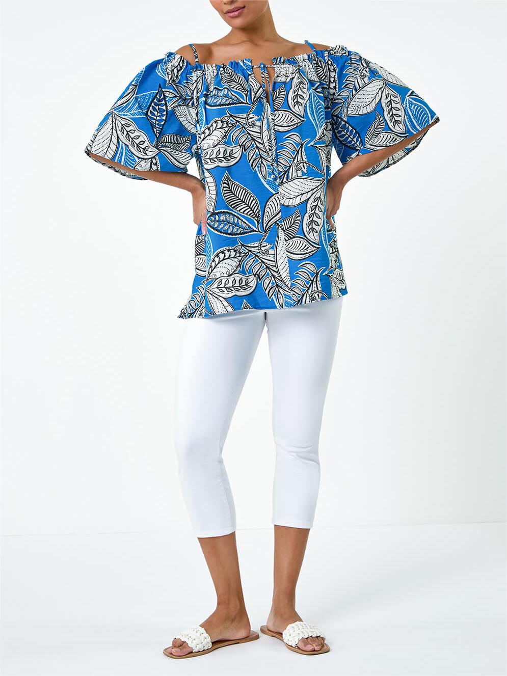 Blue Floral Off-The-Shoulder Stretch Top