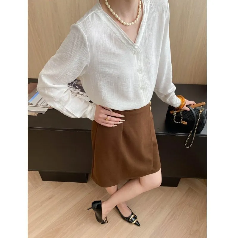 Comfort Double Layer Lace V Neck Loose Textured Shirt