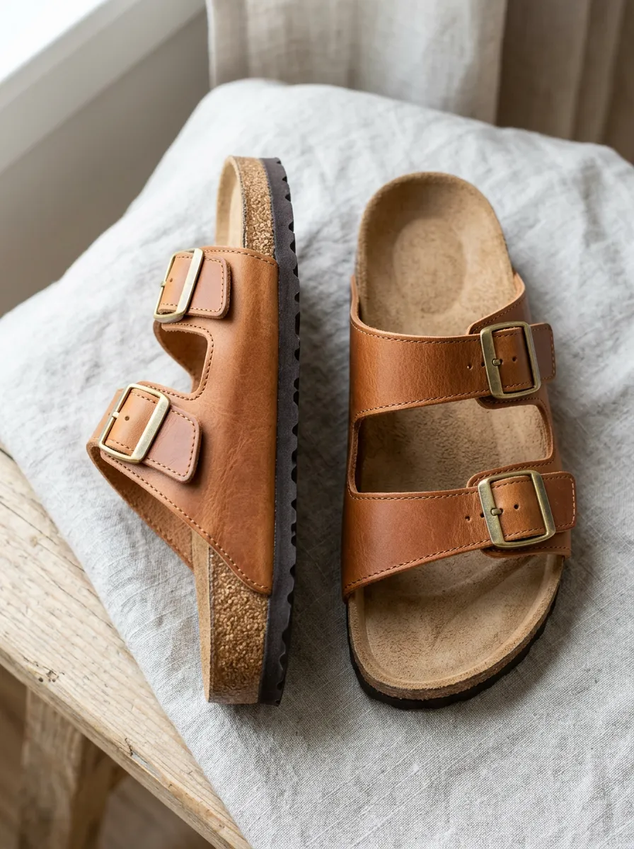 Unisex Leather Classic Two-Strap Buckle Cork Sandals