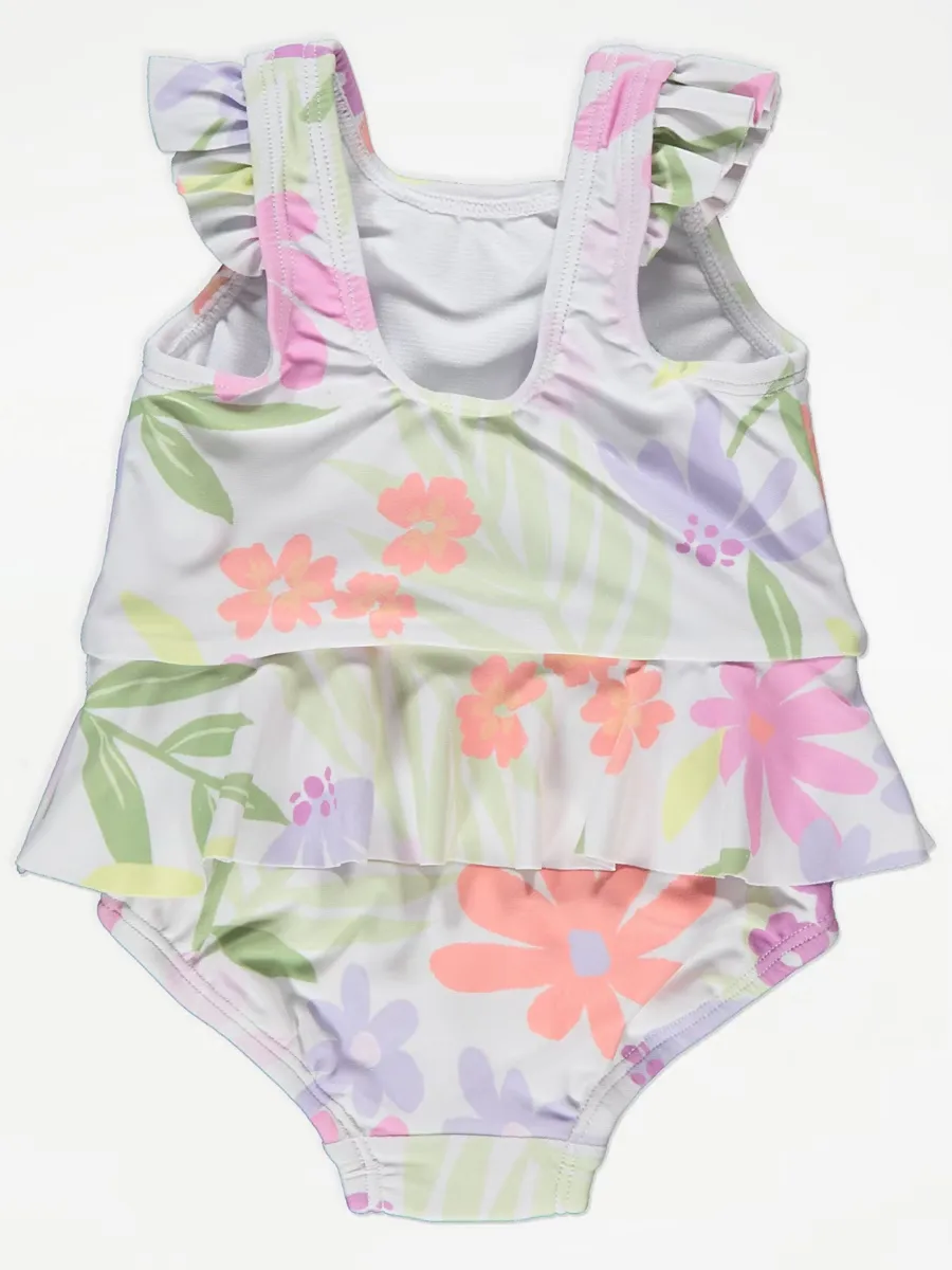 White Tropical Floral Nappy Swimsuit