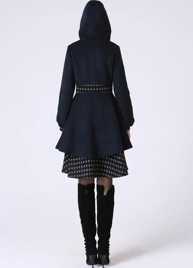 Wool Blend Tailored Hooded Lantern Sleeve Coat