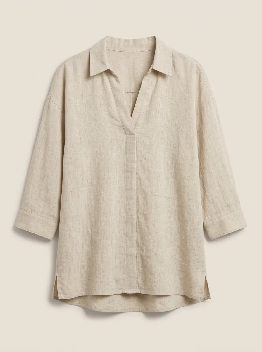 Women's Casual Beige Linen Blend V-Neck 3/4 Sleeve Shirt