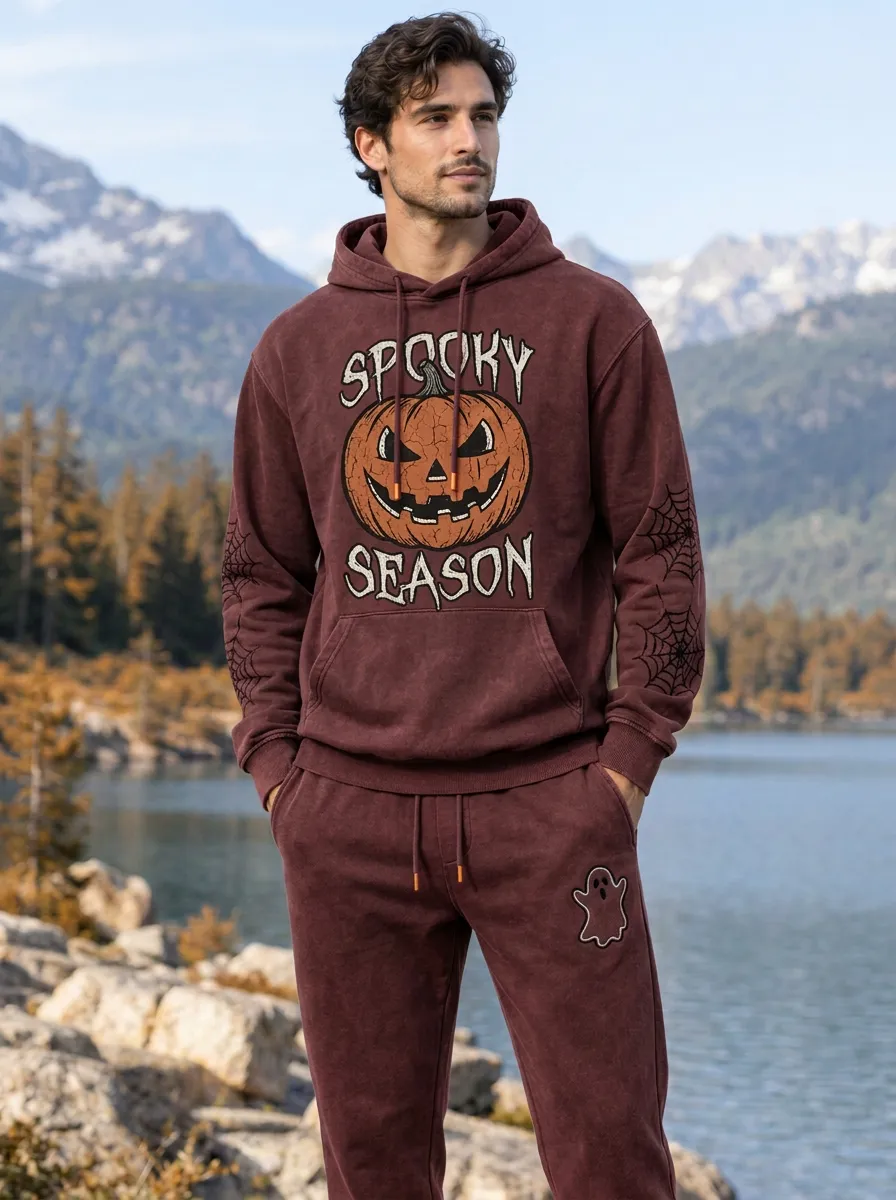Men's Halloween Washed Charcoal Spooky Season Pumpkin Spiderweb Kangaroo-Pocket Hoodie Jogger Set