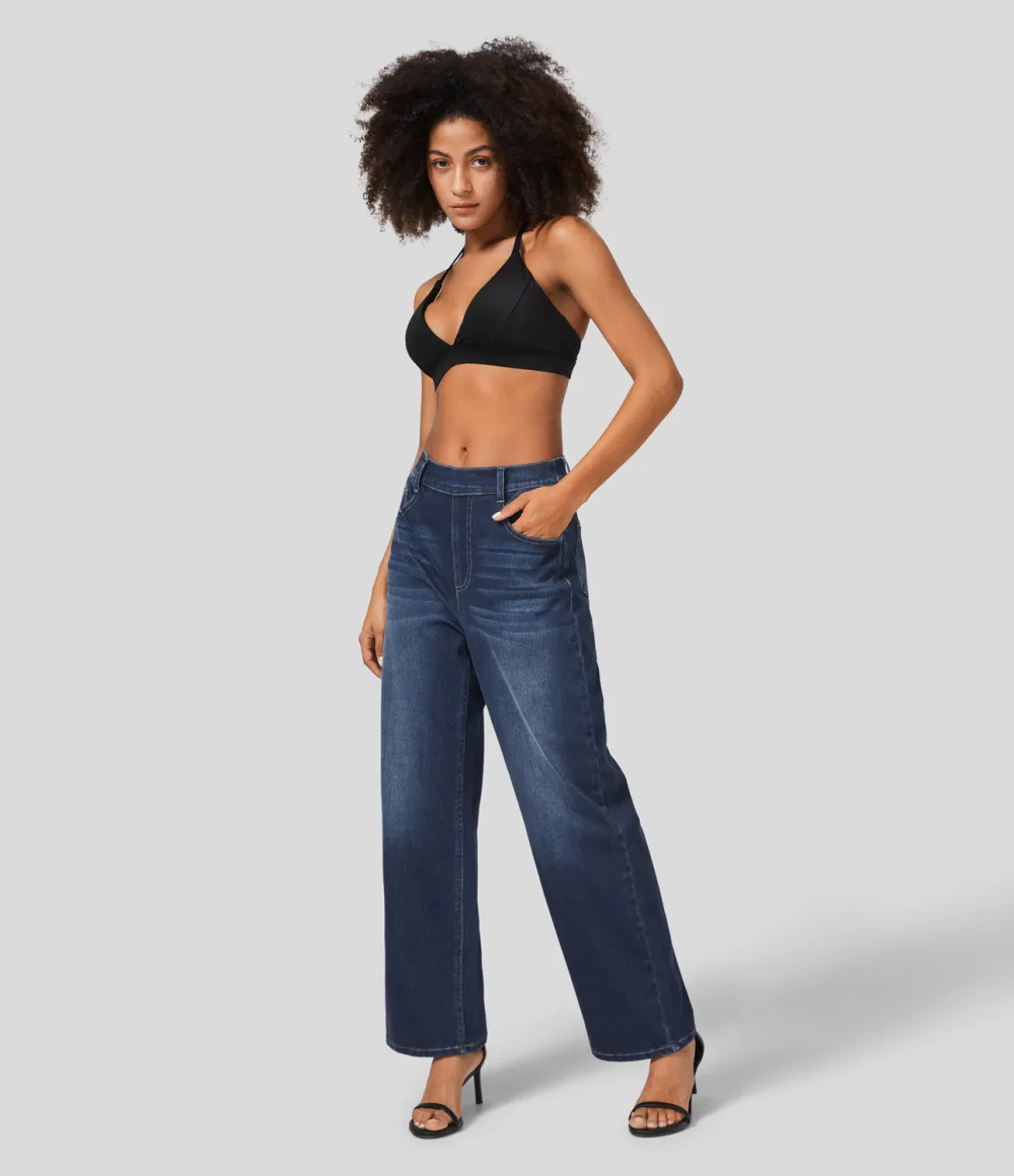 Magic High Waisted Multiple Pockets Washed Stretchy Knit Casual Boyfriend Jeans