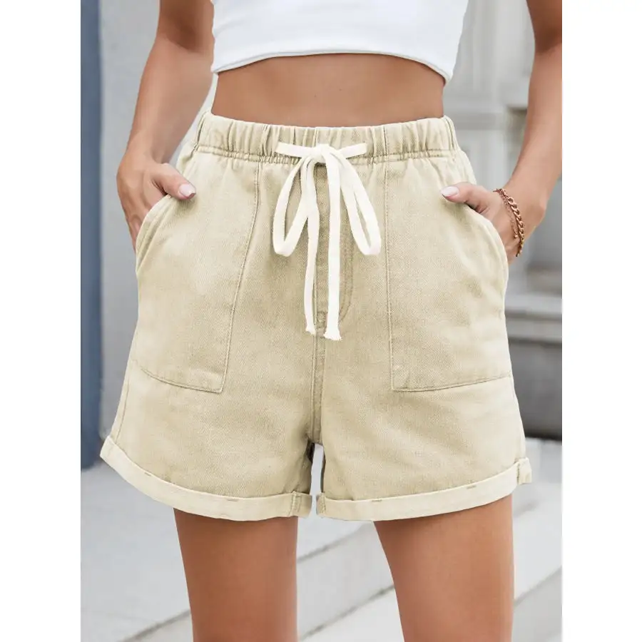 Casual Drawstring Pocketed Denim Shorts
