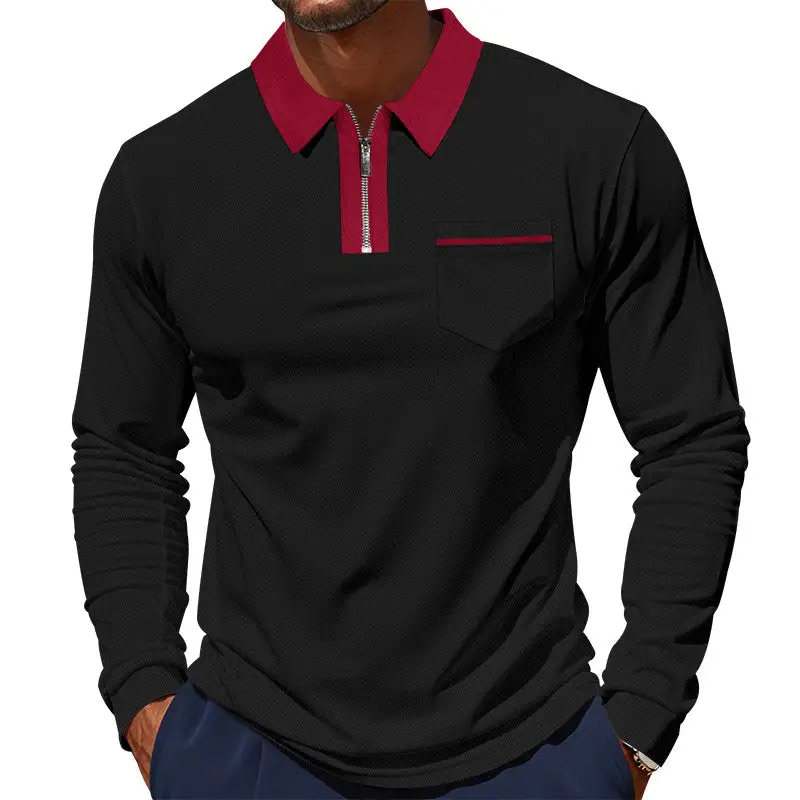 Half Zip Chest Pocket Long Sleeve Jersey Polo Shirt