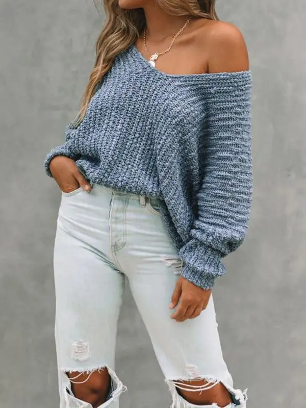 V-Neck Long Sleeve Relaxed Fit Pullover Sweater
