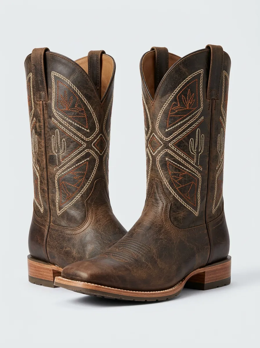 Unisex Vintage-Inspired Cactus Embroidered Design Western Cowboy Boots