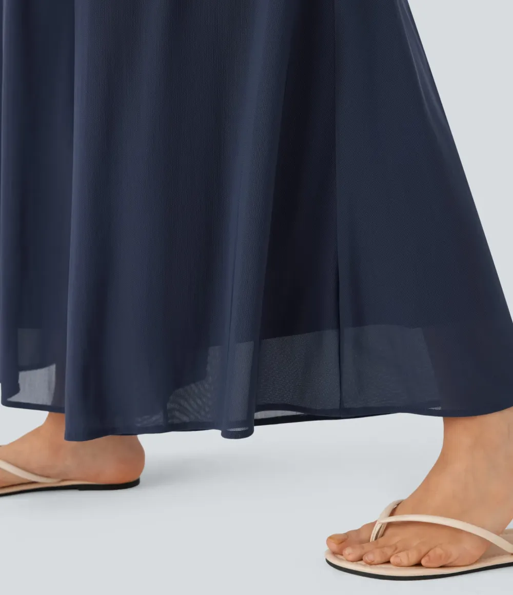 High Waisted Pocket Mesh Overlay Wide Leg Casual Pants