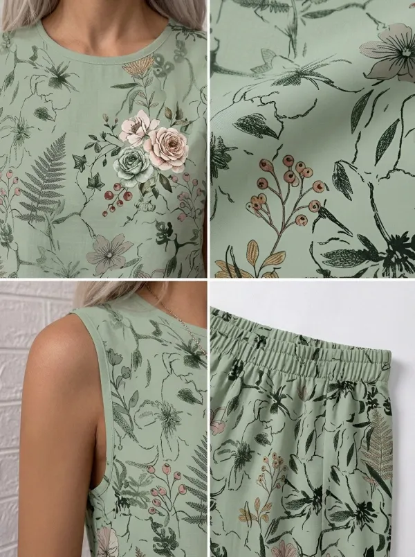 Women's Botanical Garden Floral Fern Printed Sleeveless Set