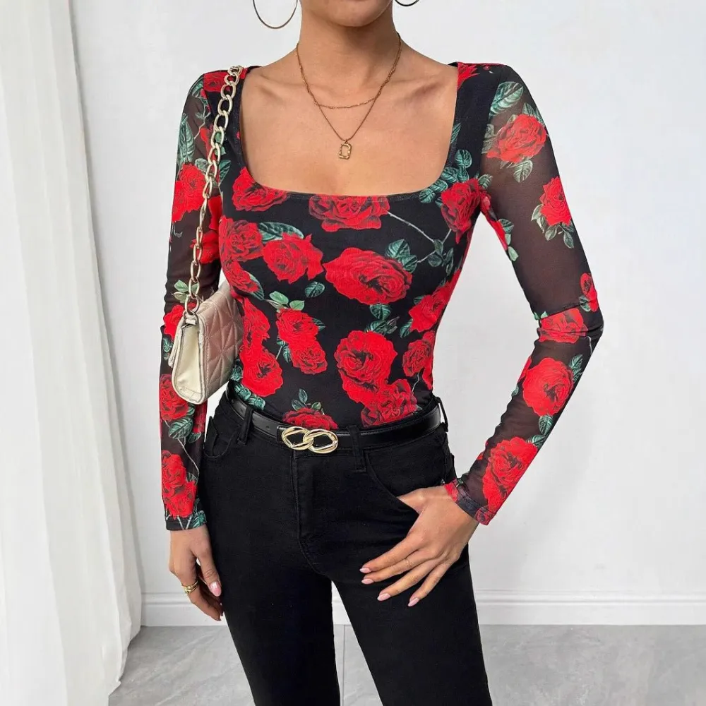 Rose Mesh U Neck Blouse