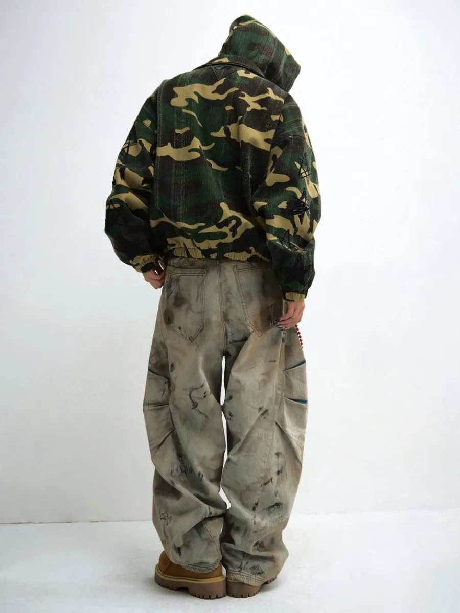 Wide-Leg Washed Cargo-Pocket Jeans