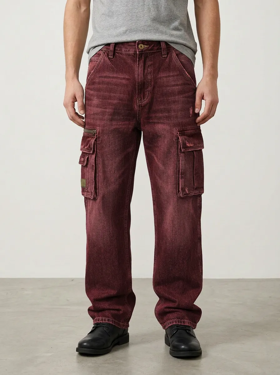 Men's Mid-Blue Distressed Mid Blue Zip Utility Pocket Multi Pocket Cargo Pants