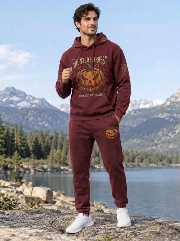 Men's Halloween Washed Charcoal Haunted Harvest Pumpkin Spiderweb-Sleeve Hoodie Jogger Set