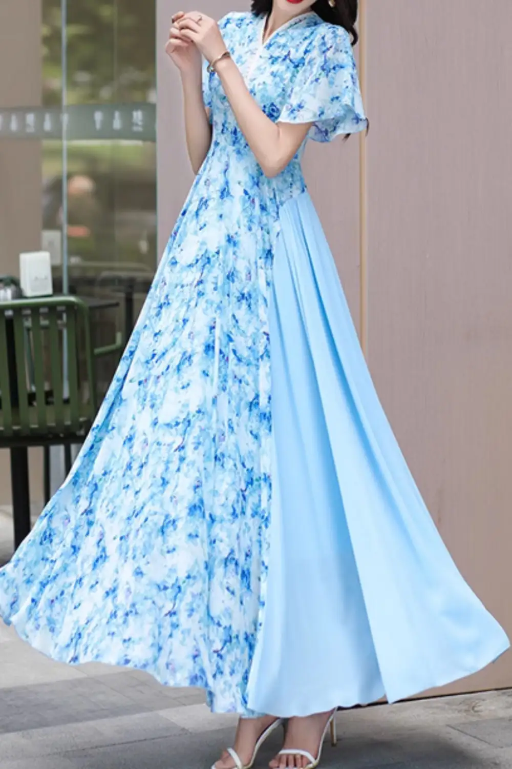 Refined Floral Chiffon Swing V Neck Maxi Dress