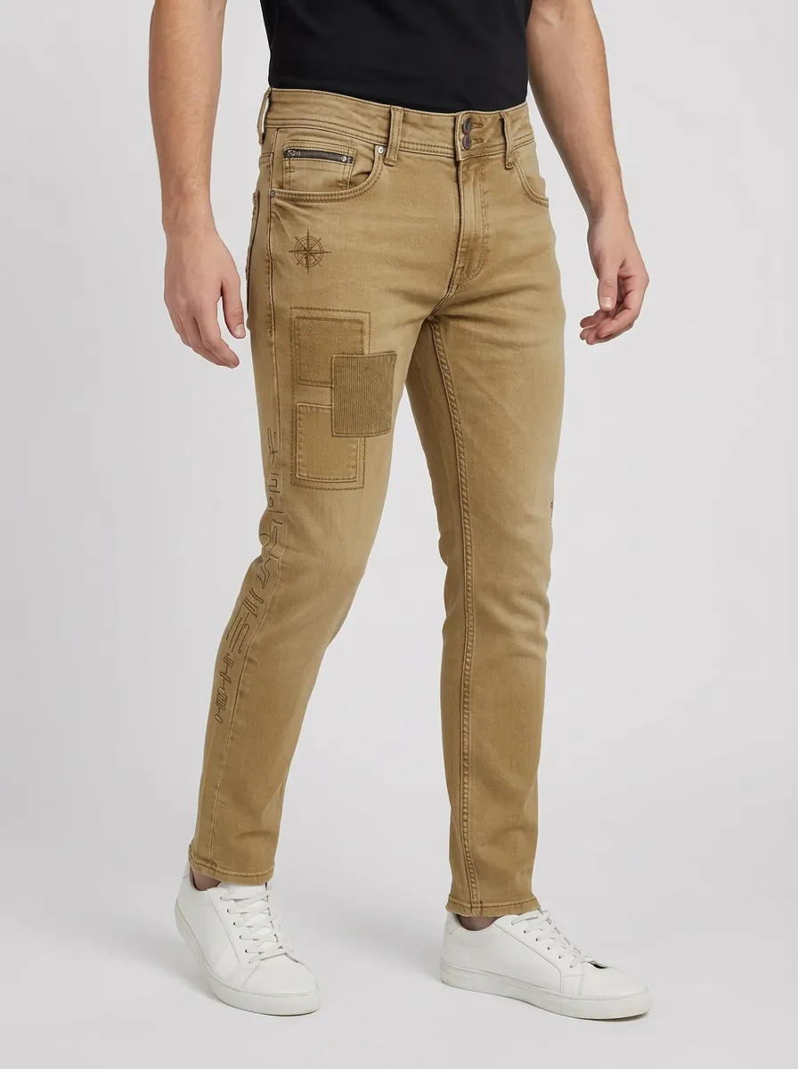 Men's Compass Patchwork Embroidered Printed Slim-Fit Jeans