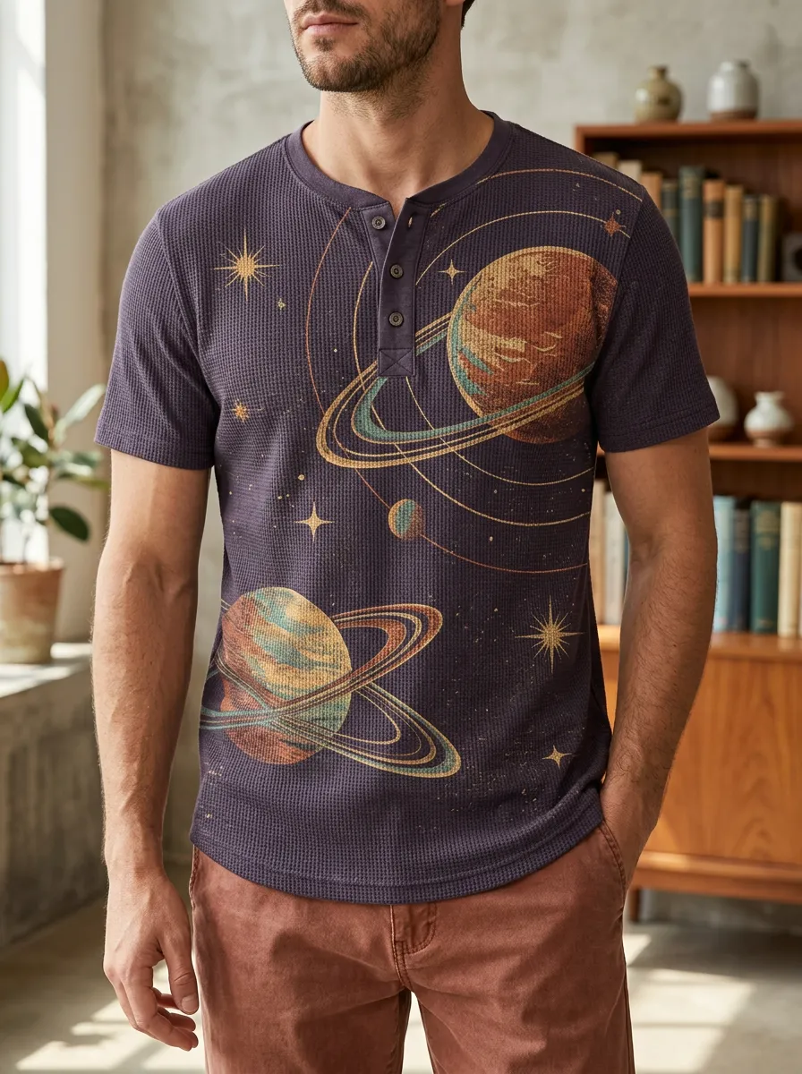 Men's Casual Space Astronomy Planet Waffle Henley T-Shirt