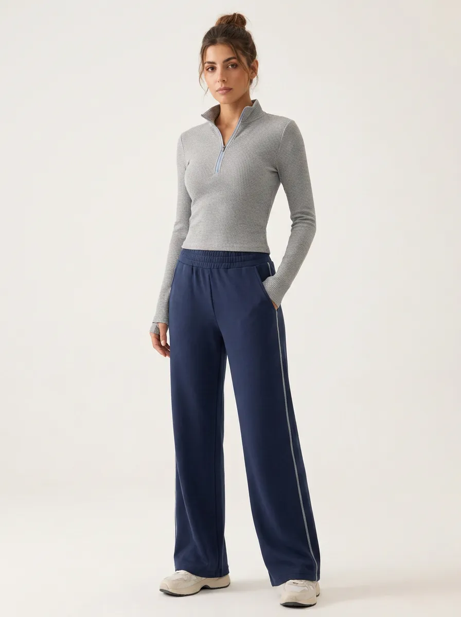 Women's Casual Sporty Waffle Knit Quarter-Zip Tracksuit Set