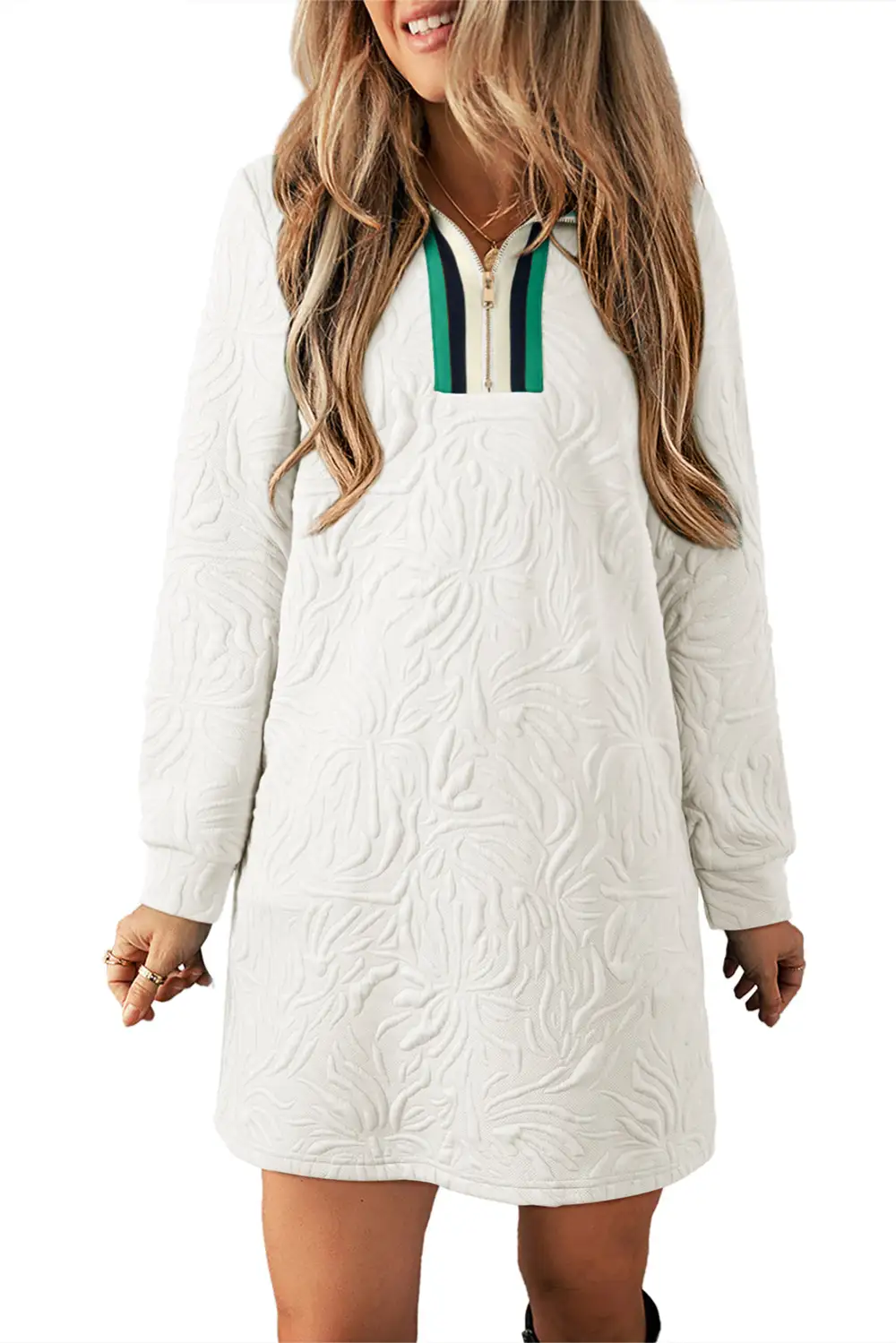 Jacquard Textured Quarter Zipper Shift Mini Dress