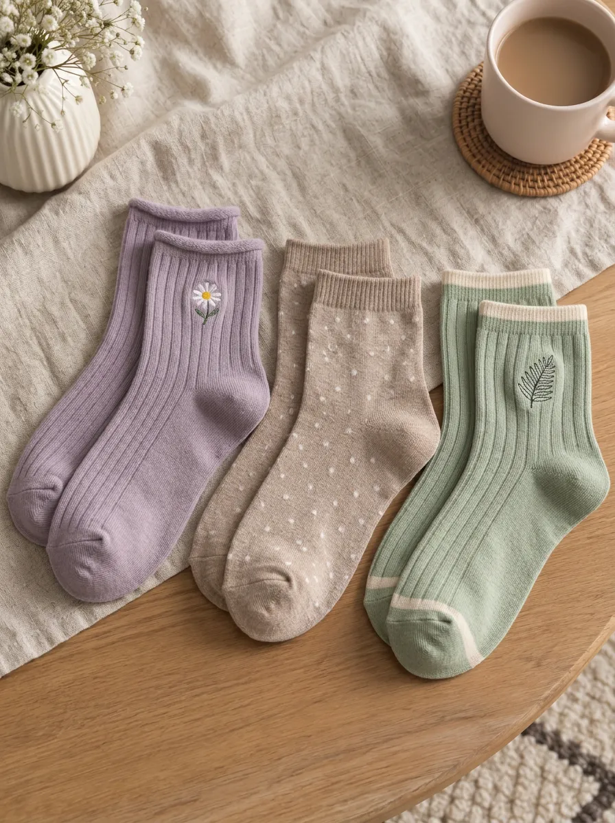 Women's Floral Botanical Polka Dot Printed Ribbed Socks Set