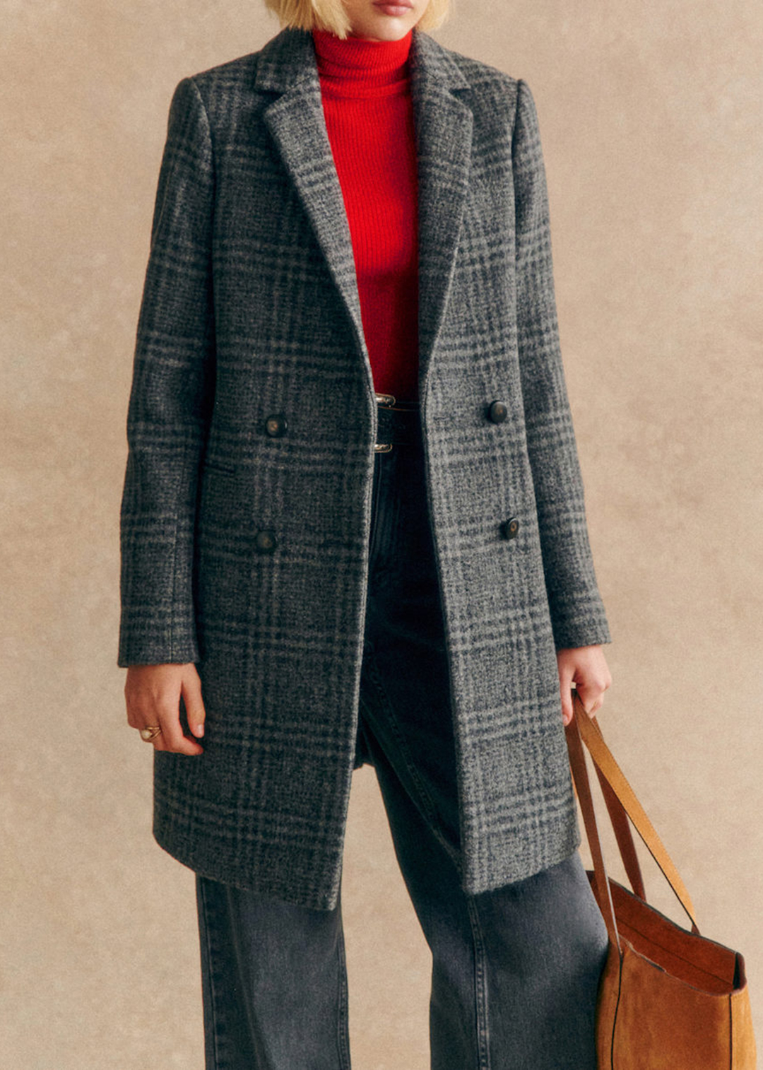 Mid-length Grey Checked Coat