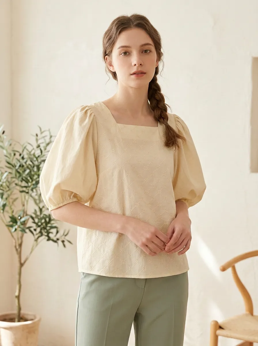 Embroidered Square-Neck Women's Puff-Sleeve Blouse