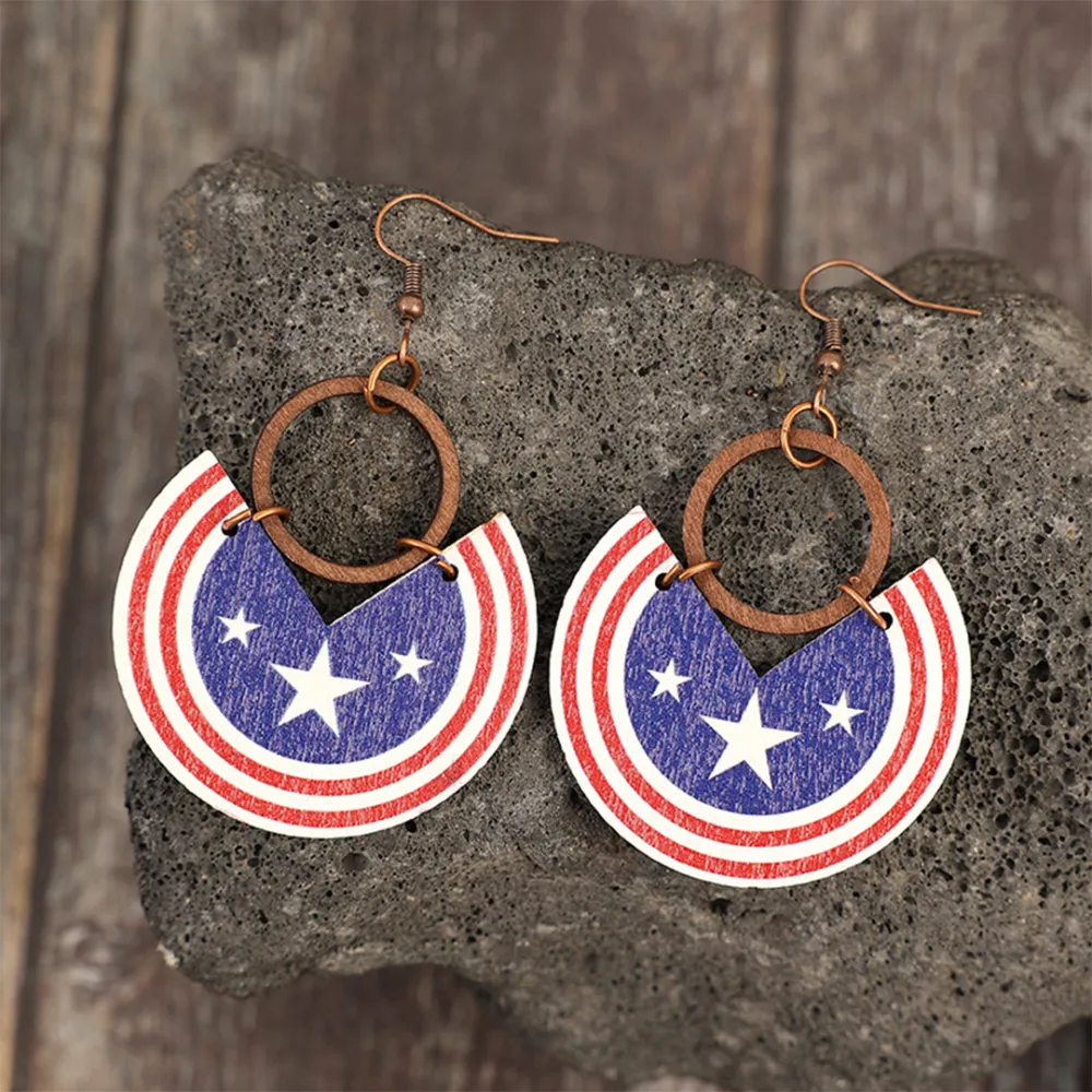 Red Blue Print Wooden Earrings