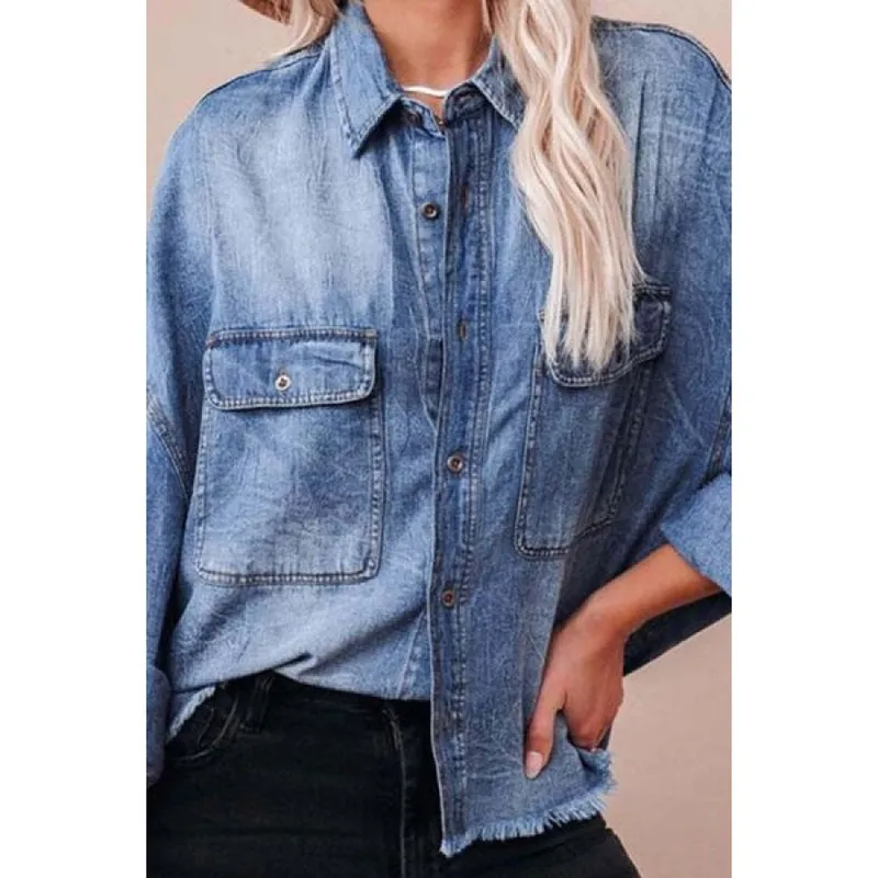 Collared Raw-Hem Long-Sleeve Denim Shirt
