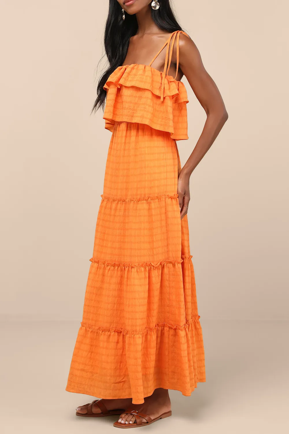 Casual Style Textured Tie-Strap Tiered Maxi Dress