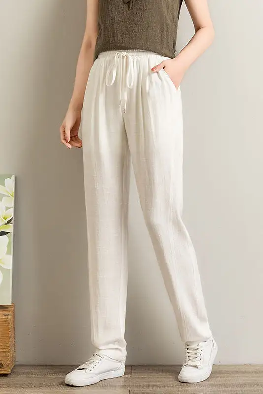 Polished Linen Wide Leg Elastic Waist Pocketed Trousers