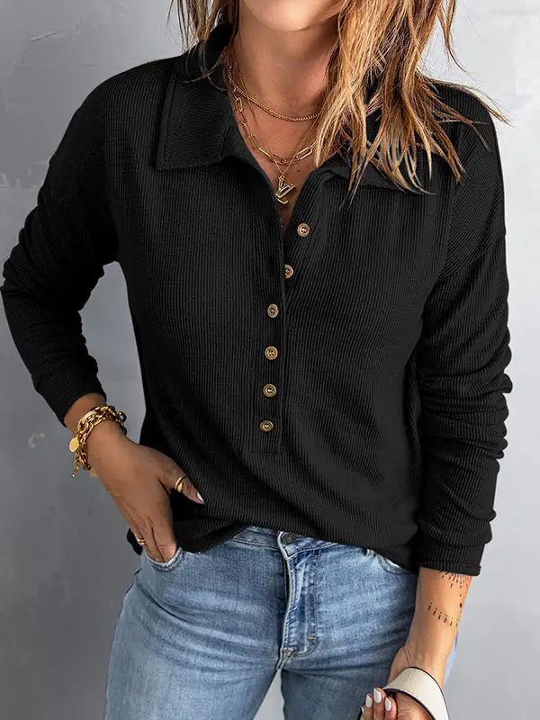 Long Sleeve Relaxed Button Detail Panel Detail Lapel T-Shirt