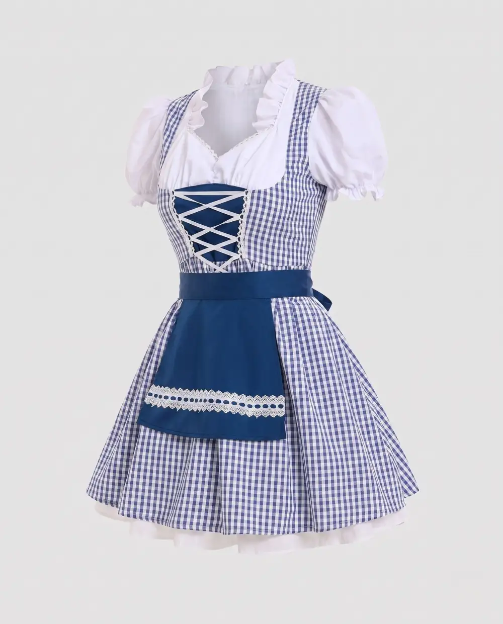 Women's V-Neck Puff-Sleeve Lace Plaid Dress
