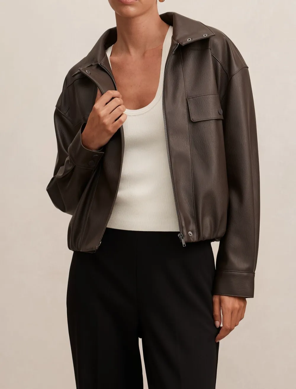 Dark Brown Oversized Faux Leather Bomber Jacket