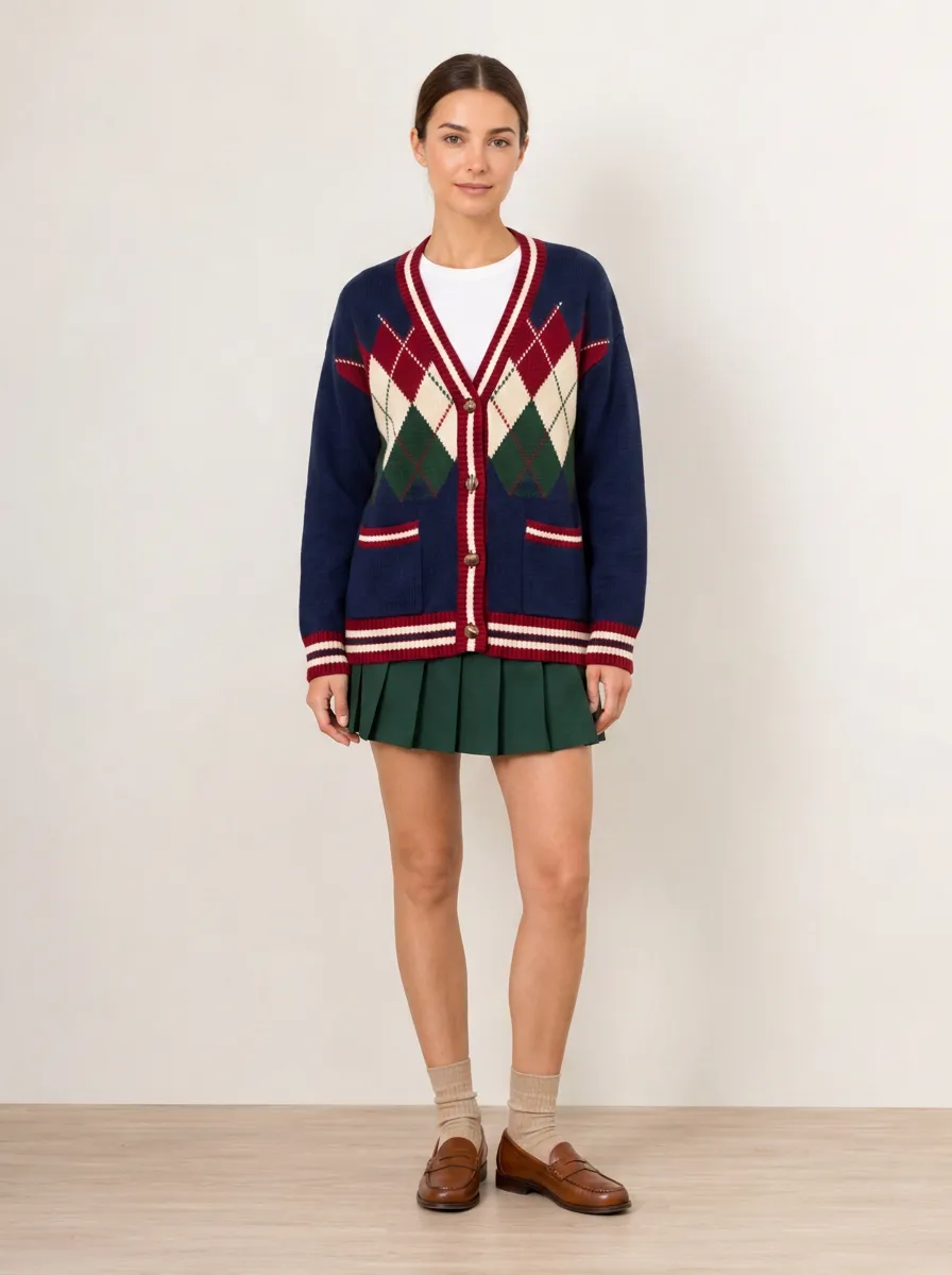 Women's Preppy Style Argyle Pattern Knitted Cardigan