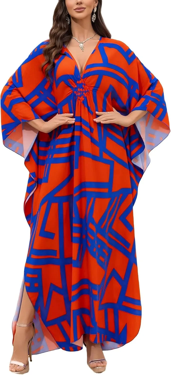IMAGEKOPE Kaftan Dresses for Women Plus Size V-Neck Moo Moos Batwing Kaftan Beach Dress Bathing Suit Cover-Up Loungewear