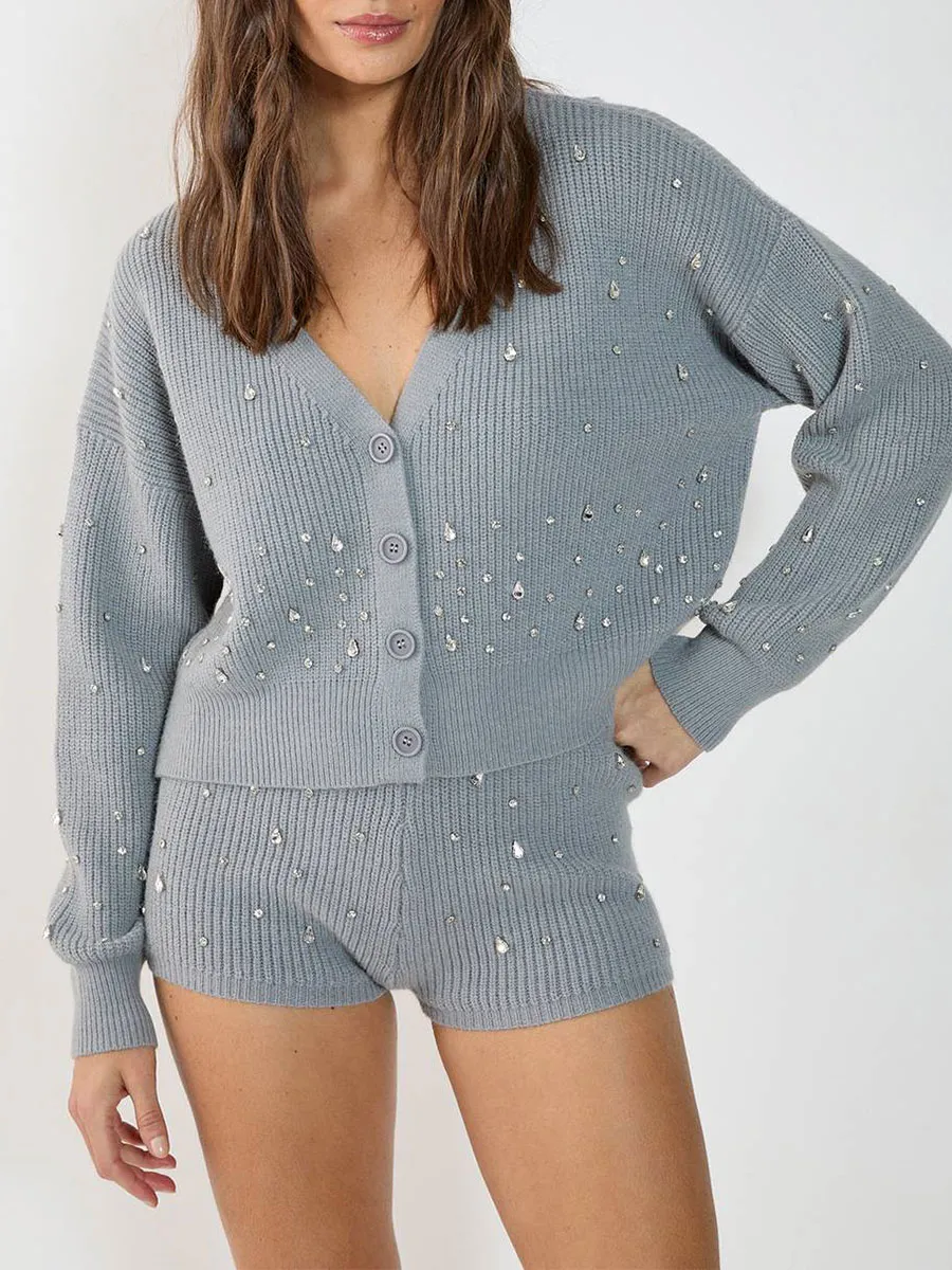 Lady'S Exquisite Diamond-Encrusted Knitted Cardigan