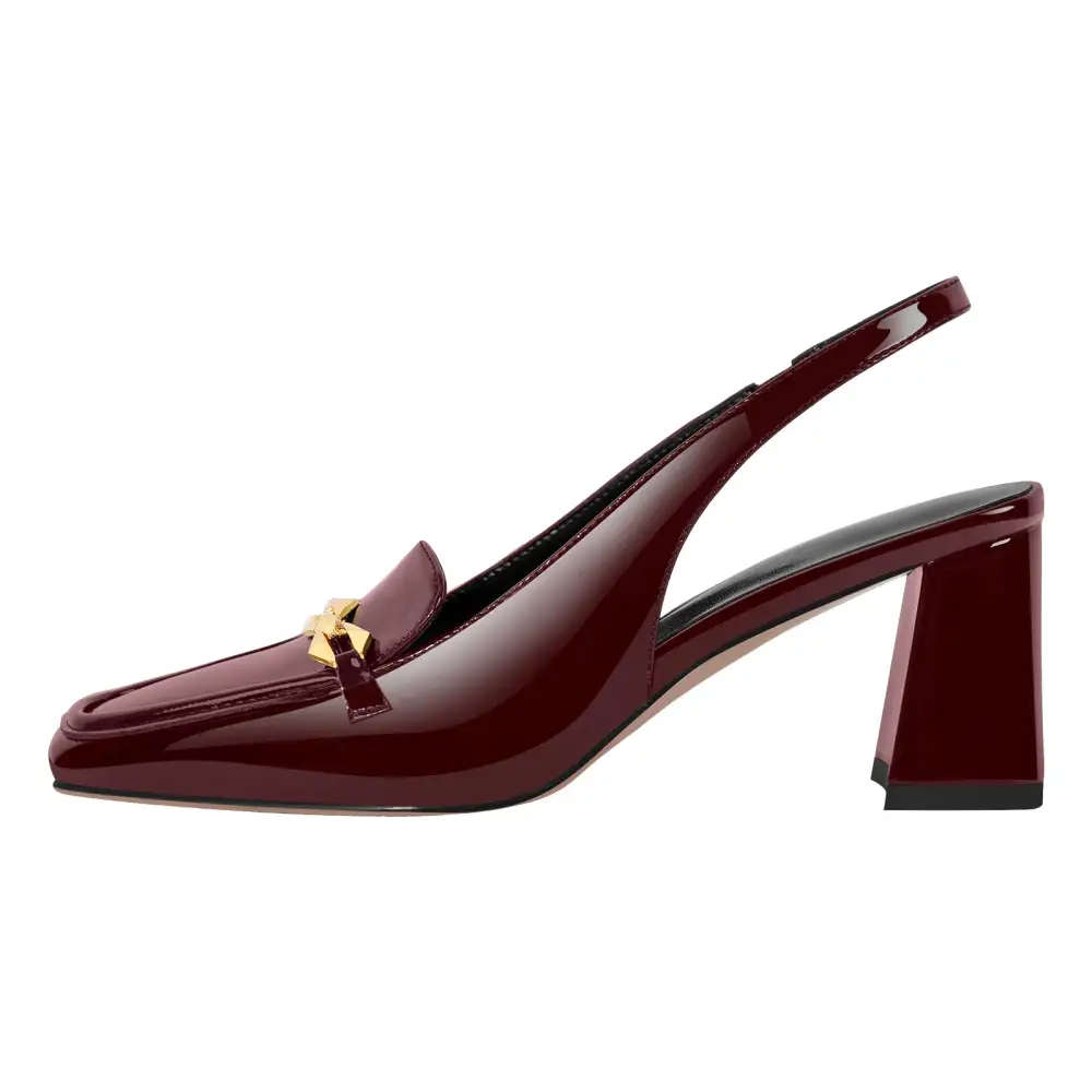 Patent Finish Square Toe Chunky Heel Slingback Pumps