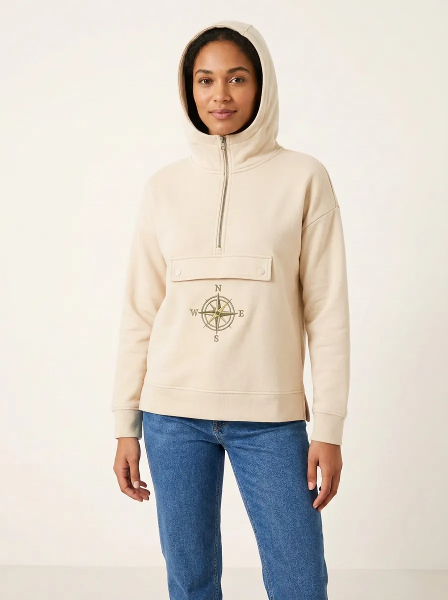 Women's Compass-Embroidered Half-Zip Snap-Flap Hoodie