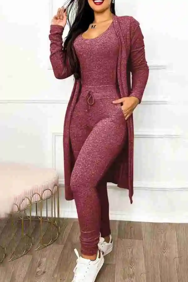 Wine Red Collarless Long Sleeve Pant Set