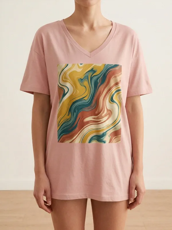 Women's Abstract Art Marble Swirl Printed V-Neck T-Shirt Modern Pattern