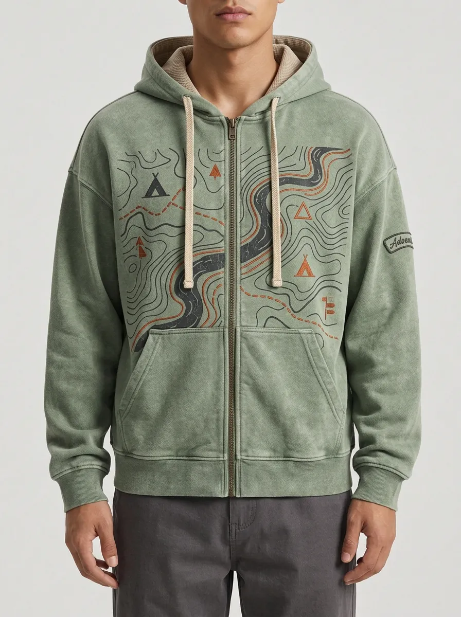 Men's Camping Adventure Topographic Map Printed Zip Hoodie