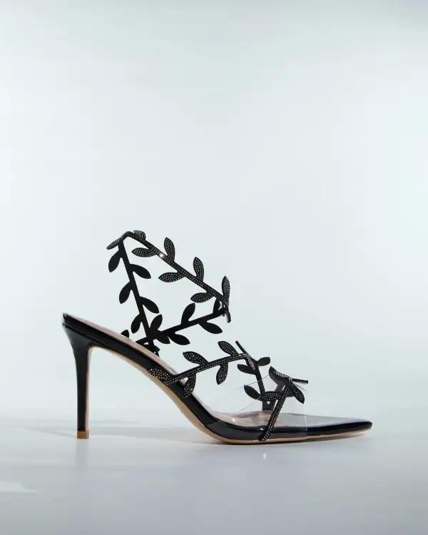 Rhinestone Leaf Sandals in Black