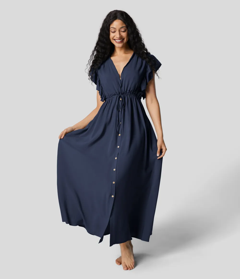 Deep V Neck Butterfly Sleeve Backless Drawstring Button Side Pocket Flowy Maxi Casual Dress