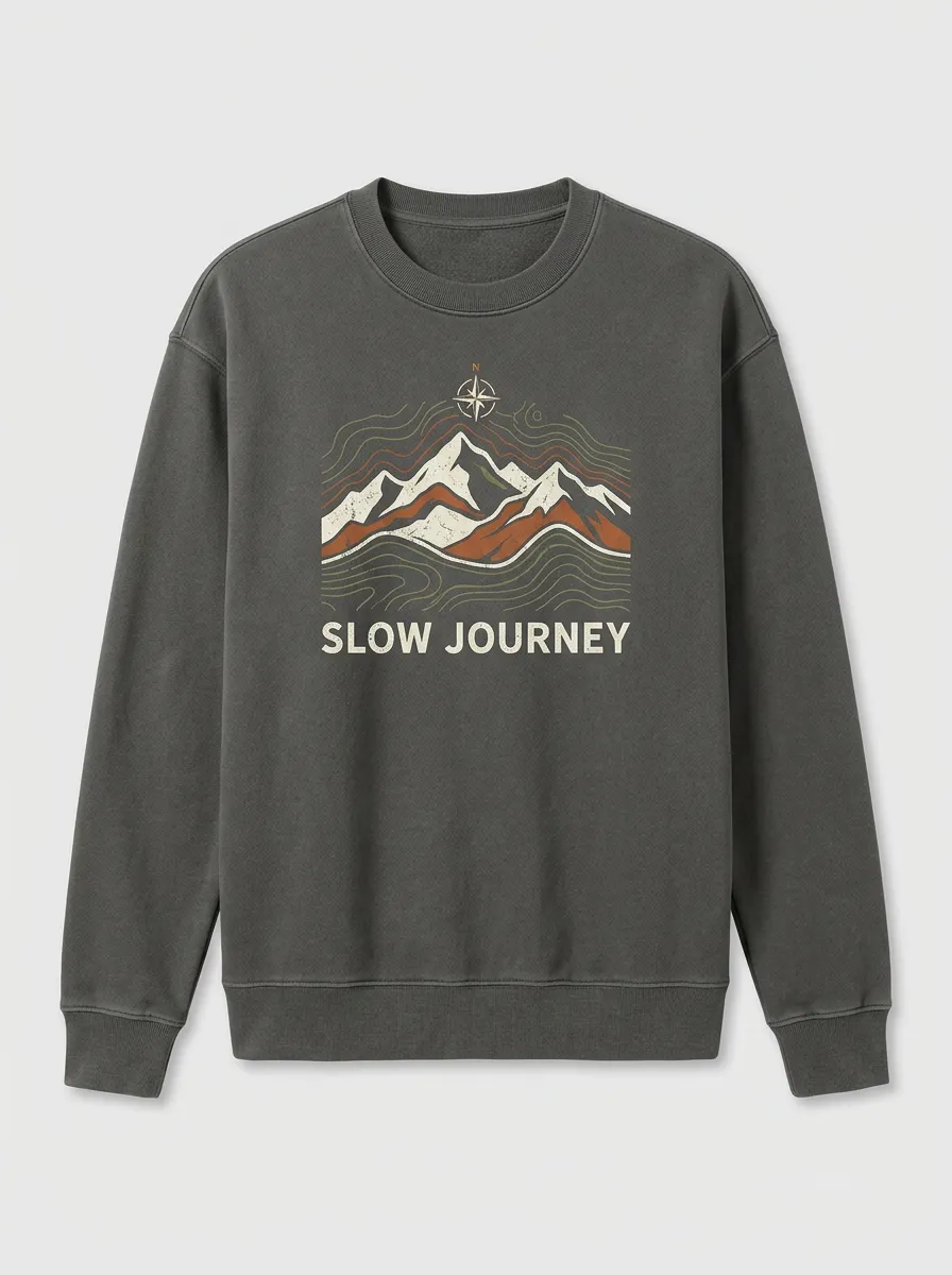Unisex Outdoor Adventure Slow Journey Mountain Compass Printed Sweatshirt